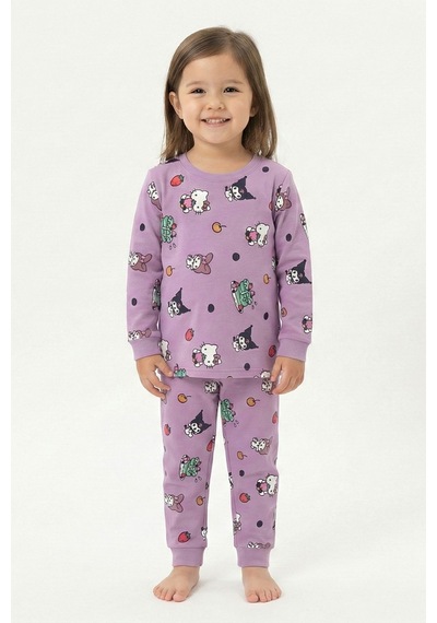 Cute Hello Kitty Ve Kuromi Desenli Kız Çocuk Pijama Takımı Lila