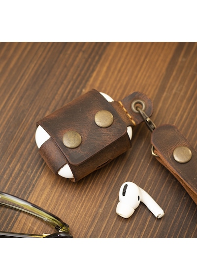 Apple Uyumlu AirPods Pro Deri Kılıf - El Yapımı & Gerçek Deri - Camel