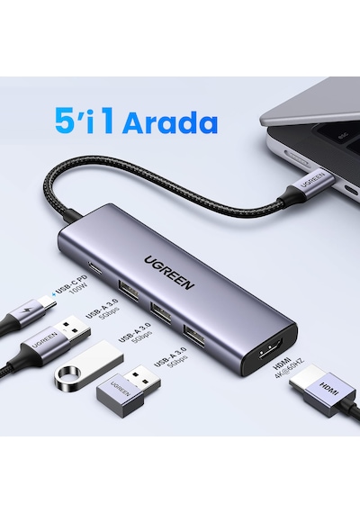 Ugreen 15596 5 Port 5 İn1 USB-C 100 W PD 4K Hub Çoklayıcı Gri