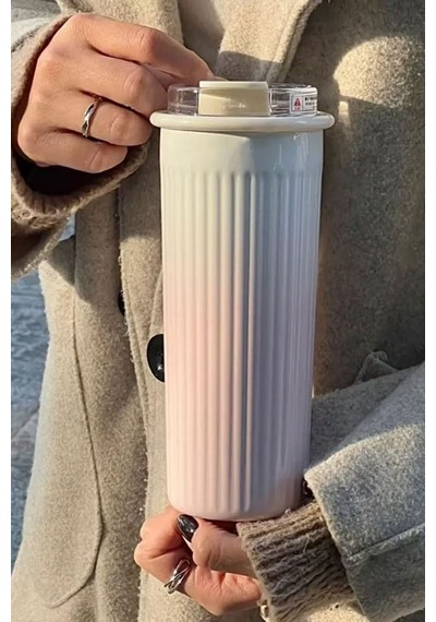 304 L Çelik 0,5 L Pembe Beyaz Degrade Pipetli El Termos Mug Cin913pm Pembe