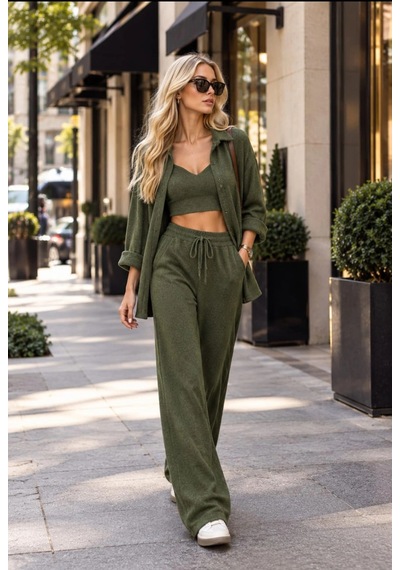 Tencelle Woman Kadın Haki Örme 3 Lü Takım Gömlek Büstiyer Ve Bol Paça Pantolon Set