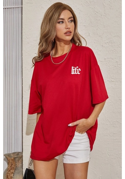 Unisex Life Baskılı T-shirt Kırmızı