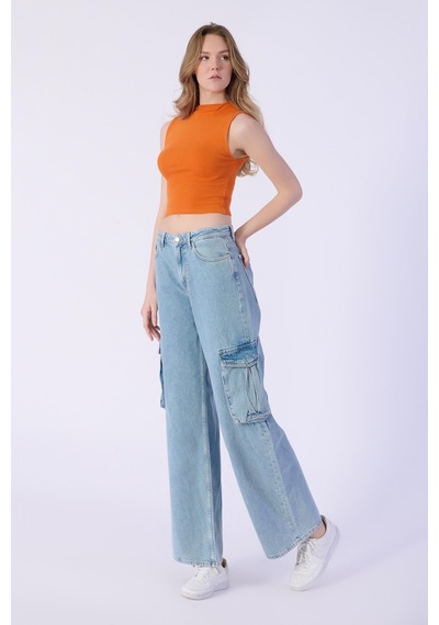 Açık Mavi Yüksek Bel Kargo Cepli Wide Leg Pantolon-açık Mavi Açık Mavi