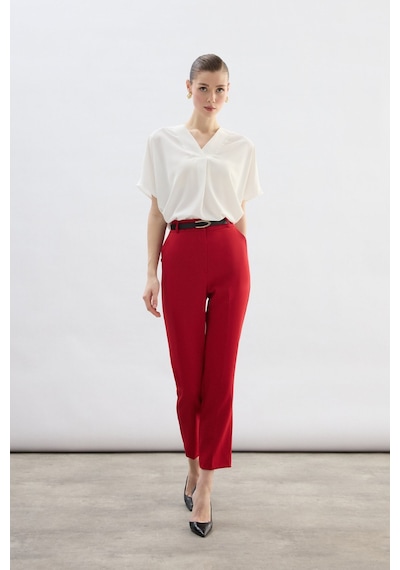 Sateen Kemerli Pantolon - Kırmızı-136700 Kırmızı