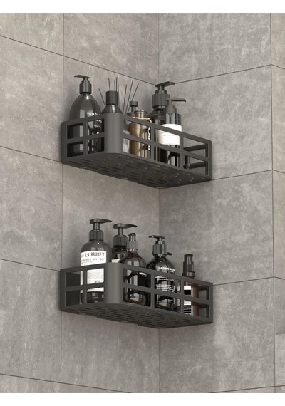 Banyo Duş Rafı 2'li Yapışkanlı Ve Deliksiz Duş Organizer Suya Dayanıklı Siyah Raf Çok Rekli