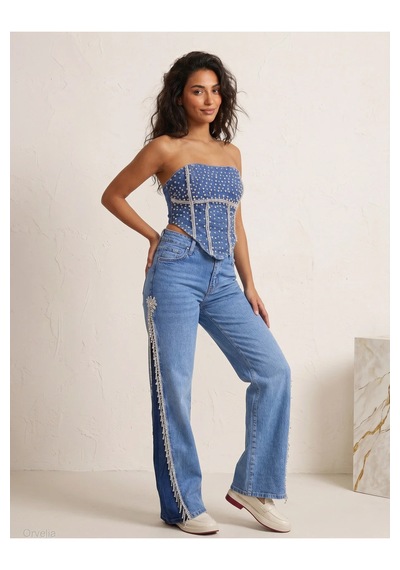 Orvelia İnci İşlemeli Denim Korset Büstiyer Ve Yanları İnci Saçaklı Denim Pantolon Takımı Marea mavi