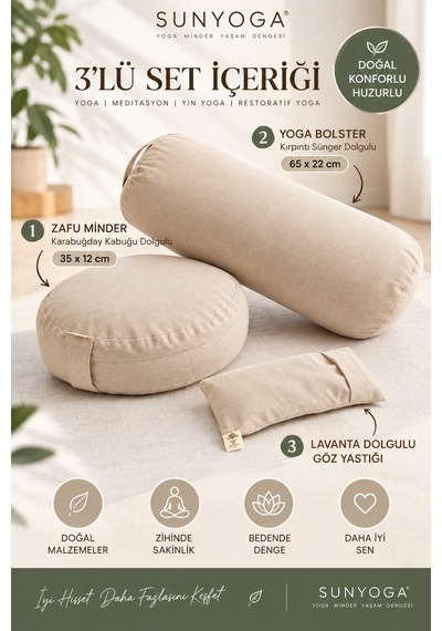 3 Lü Yoga Meditasyon Seti Karabuğday Dolgulu Zafu Minder, Bolster Ve Lavantalı Göz Yastığı Ekru