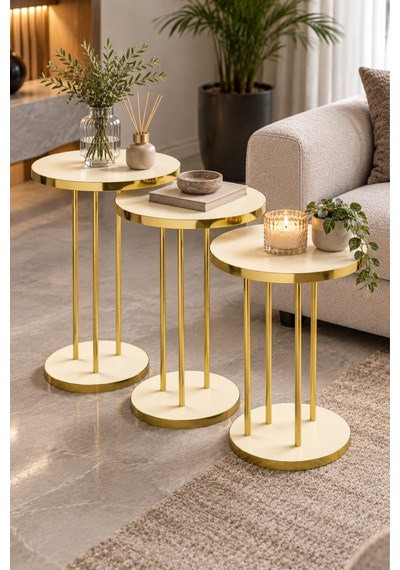 Sulorahome Krem Bej 3'lü Yuvarlak Zigon Sehpa Takımı Gold Metal Ayaklı Bej - Altın