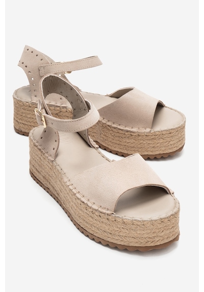 Luvishoes Luvi Shoes Serez Bej Süet Hakiki Deri Kadın Hasır Dolgu Taban Sandalet Süet Bej