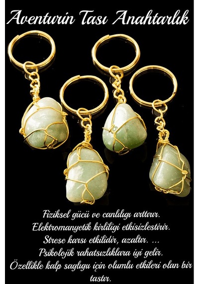 Sertifikalı Tel Sargılı Aventurin Taşı Anahtarlık - Altın Kaplama