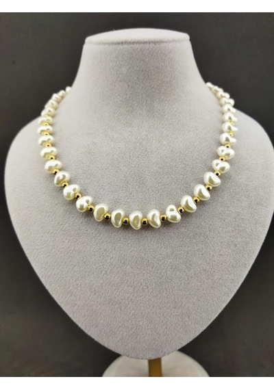Beyaz Ve Gold Renk Detaylı Şık Kolye Altın