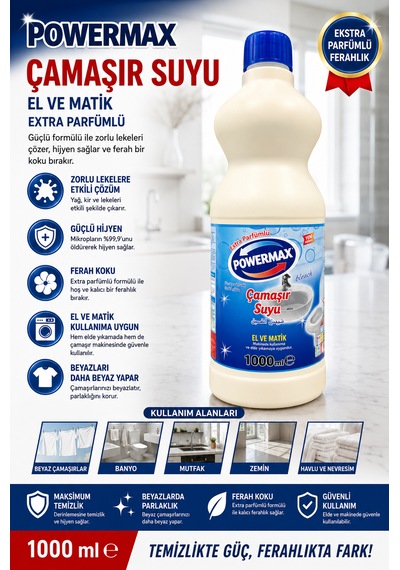 Powermax El Matik Çamaşır Suyu 1000 Ml X3 Set Çok Amaçlı Çamaşır Suyu 3'lü Set