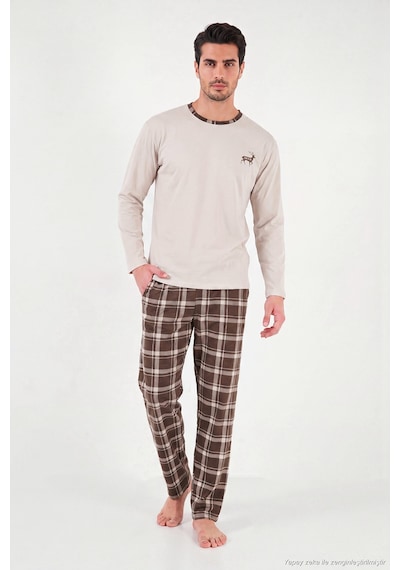 Buratti Pamuklu Regular Fit Bisiklet Yaka Ekoseli Pijama Takımı Erkek Pijama Takımı 6574001 Bej