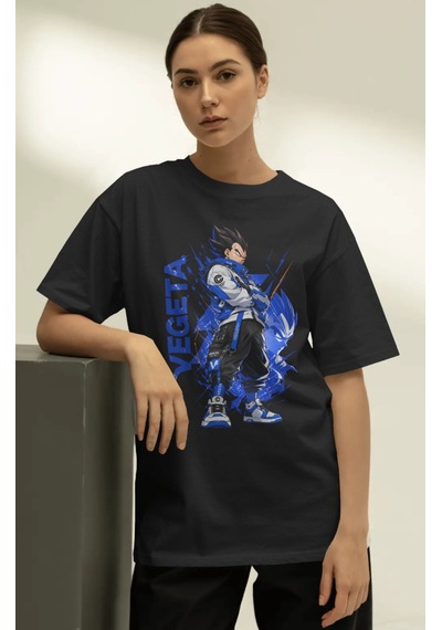 Unisex Oversize Vegeta Dragon Ball Anime Karakter Ön Baskılı Prem Siyah