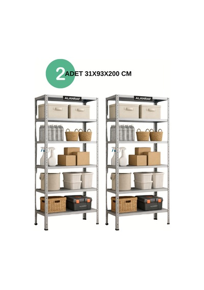 Çelik Raf 6 Katlı 2 Adet 31x93x200 Raf Sistemleri, Depo Rafı, Arşiv Rafı, Kiler Rafı, Çok Amaçlı Raf Gri