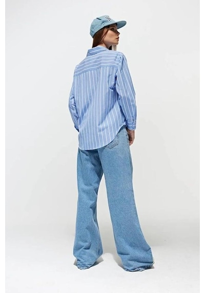 Mixray 4367 Kadın Çizgili Oversize Gömlek Mavi
