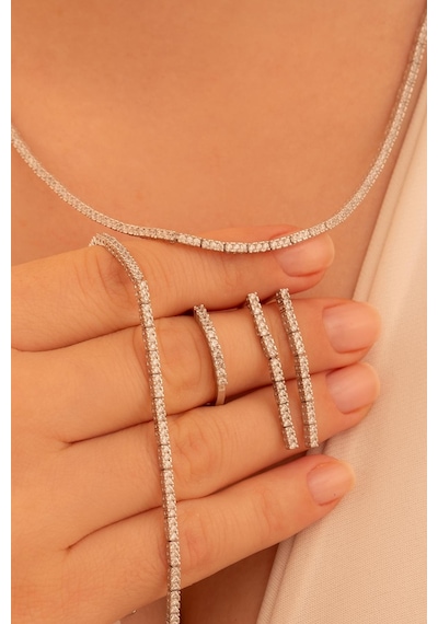 Kadın Gümüş Takı Seti - Duru Zirkon Taşlı Model Kolye, Bileklik, Yüzük, Küpe Tam Set