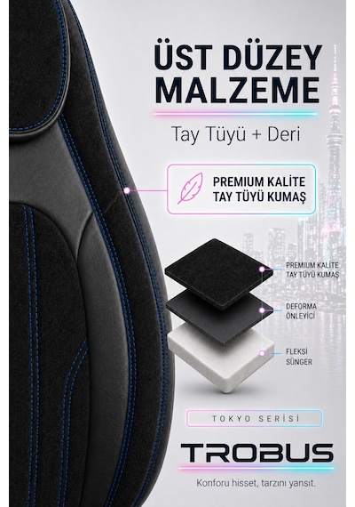 Fiat Albea 2002-2012 Bel Destekli Tay Tüyü Koltuk Kılıfı Tokyo Serisi Siyah Mavi