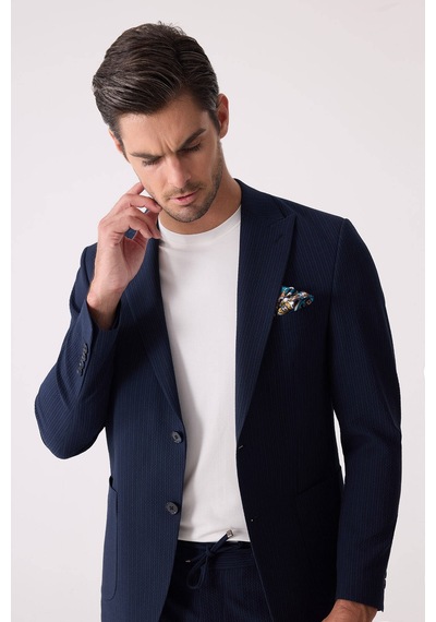 Erkek Lacivert Slim Fit Torba Cep Çizgili Jogger Pantolonlu Sivri