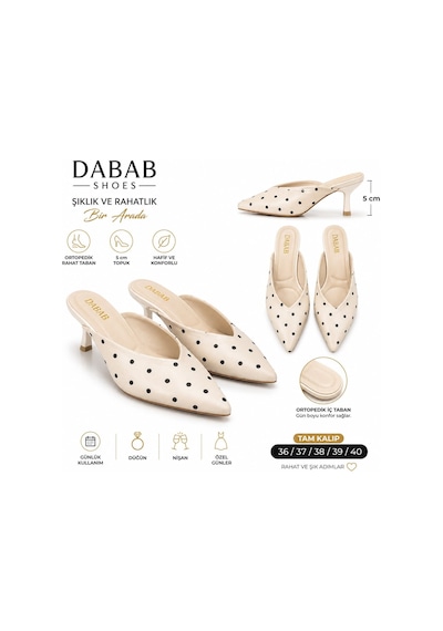 Dabab Shoes Sevılla Puantiye Desenli Bej Saten Sivri Burunlu 5 Cm İnce Topuklu Mule Terlik