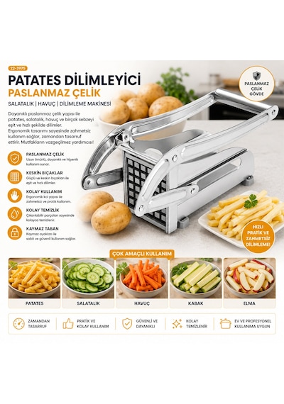 Go İthalat Patato-chıpper Manuel Patates - Sebze Dilimleme Makinesi Komple Metal Üstten Kollu Gümüş