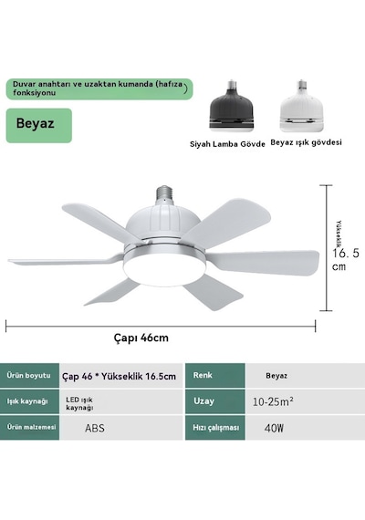 Worryfree Led Fan Sessiz Fan Uzaktan Kumandalı Tavan Vantilatörü Beyaz Işık Gövdesi