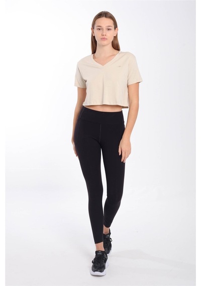Maraton Sportswear Regular Kadın V Yaka Kısa Kol Basic Kil Rengi Crop Top 21236 Gri