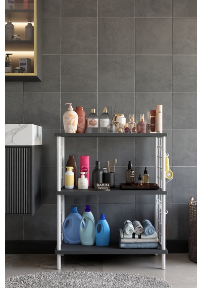 3 Raflı Çevir Tak Beyaz Telli Metal Gövdeli Çok Amaçlı Banyo Rafı Ve Organizer Raf Banyo Dolabı Antrasit