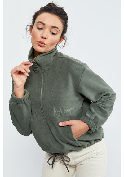 Tommy Life Çağla Yarım Fermuar Etek Ucu Büzgülü Kadın Polar Oversize Sweatshirt - 97171 Çağla