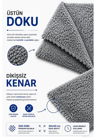 3'lü Mikrofiber Oto Cila Ve Parlatma Bezi 40x40 Cm 300 Kalite Lazer Kesim Ultra Soft Dikişsiz/kenarsız