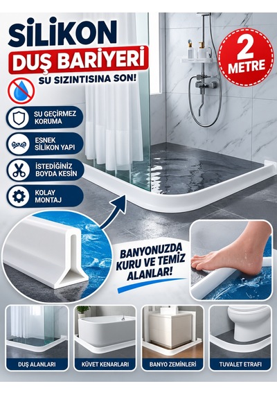 Mucit Home Su Bariyeri Beyaz 2 Metre 15 Mm Esnek Duşakabin Su Tutucu Bant Su Bariyeri Kendinden Yapışkanlı