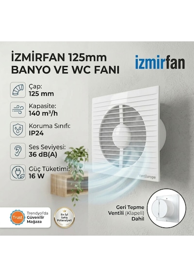 Refined 125 Bd 12.5 Cm Kapaklı Banyo Wc Aspiratör Havalandırma Fanı Sessiz