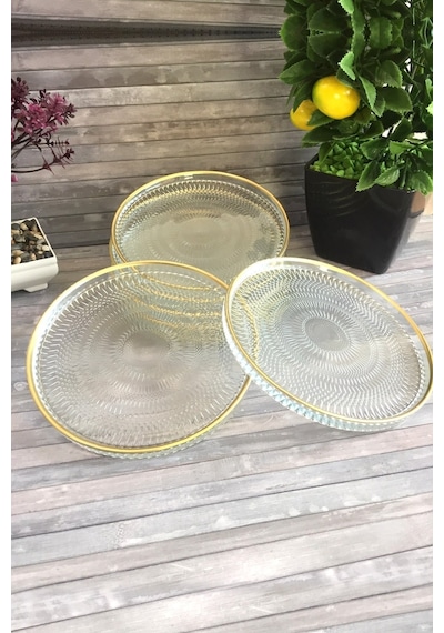 Altın Yaldızlı Kristal 6'lı Cam Çerezlik Sunum Tabağı 16cm