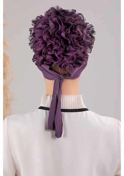 Melodi Scarf Kadın Tesettür Önü Dikişsiz Fırfırlı Penye Bone Mor