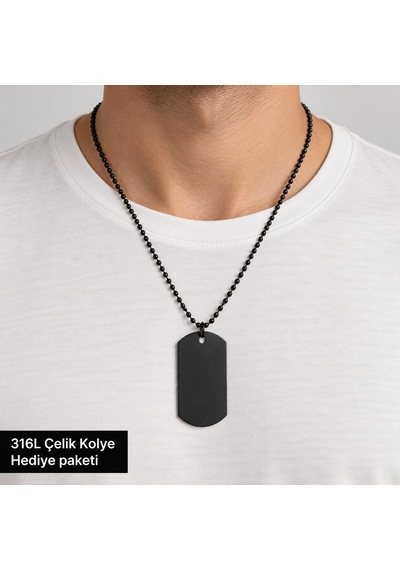 316l Çelik Siyah Asker Künyesi Erkek Kolye 70 Cm Boncuk Zincirli Minimalist Tasarım Altın - Gümüş