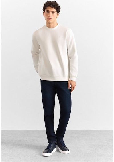 Süvari Beyaz Regular Düz Baskılı Düz Bisiklet Yaka Cepsiz Ribanalı Sweatshirt Sw2013700001-bey