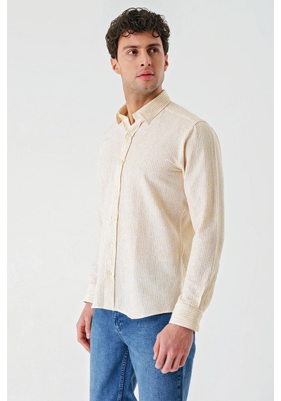 İmza Hardal Uzun Kollu Çizgili Biritli Yaka Pamuklu Likralı Casual Slim Fit Dar Kesim Gömlek 1004240233-hardal Hardal