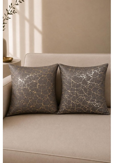 Soho Kumaş Altın Varak Desenli Dekoratif 4'lü Kırlent Yastık Kılıfı Seti - 42 X 42 Cm 2, Füme 2'li Diğer