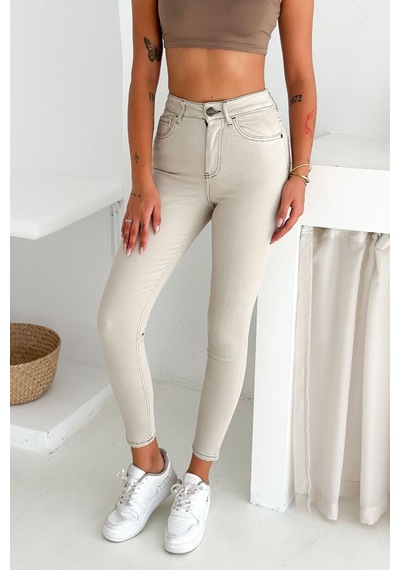 HLT Jeans Kadın Taş Renk Süper Skinny Fit Koyu İplik Detaylı Esnek Likralı Yüksek Bel Jean Kot Pan Jennie-2008 Krem