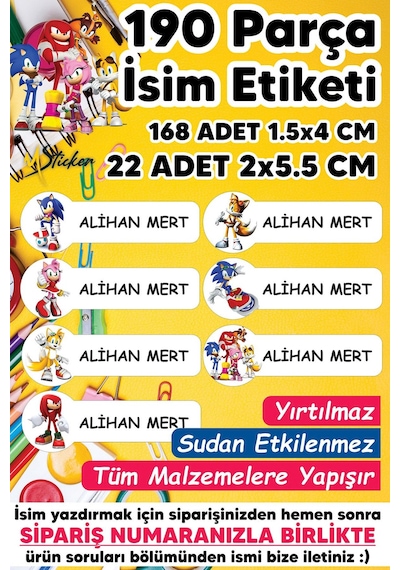 Okul Etiketi Kalem Defter Etiketi Sonic Temalı Isim Yazılabilen Etiket - 190 Adet