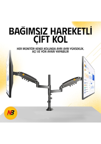 North Bayou Nb-h180 Çift Kollu Amortisörlü Monitör Standı 22"-32" / Kol Başı 12 Kg - 360 Hareketli Profesyonel Ağır Hizmet Masa Askı Aparatı