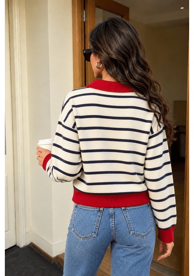 Genius Store Kadın Çizgili Yarım Fermuarlı Polo Yaka Oversize Triko Kazak Yarımfer-triko Ekru