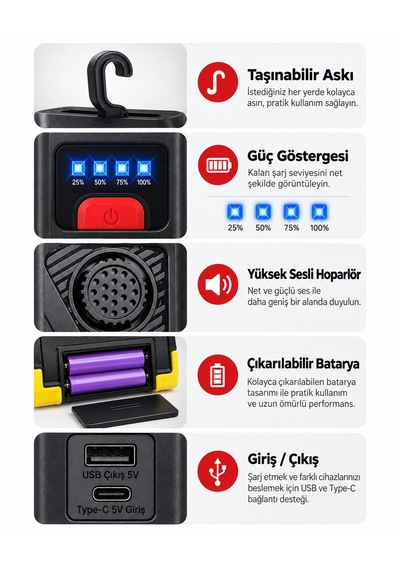 Çok Fonksiyonlu Reflektör Solar Lamba Powerbank Güneş Enerjili Yüksek Sesli Sirenli Lamba Acil Durum Sireni Uyarı Alarm Sesli Taşınabilir Şarjlı Ekstra Lambalı