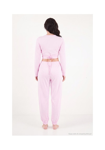 Lela V Yaka Kruvaze Bağlamalı Crop Üst Ve Jogger Alt Pijama Takımı Kadın Pijama Takımı 65780019 Pembe