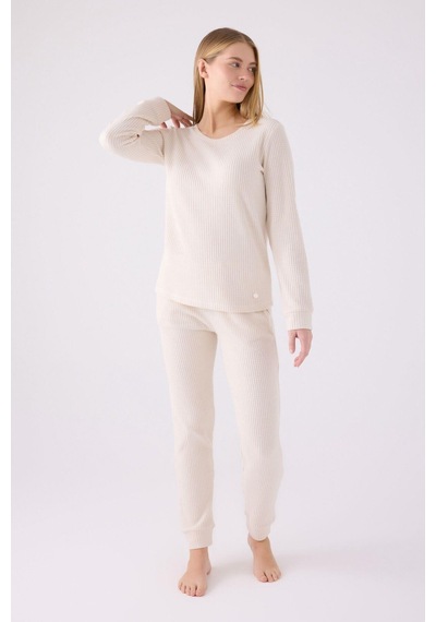 Pierre Cardin Kadın Örme Kumaş Bisiklet Yaka Uzun Kollu Pijama Takımı ekru