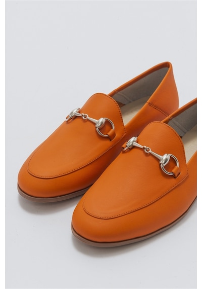 Luvishoes F03 Turuncu Cilt Hakiki Deri Kadın Babet Turuncu