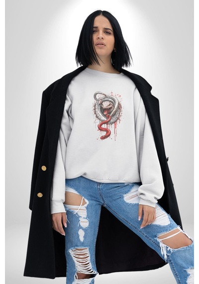 Beyaz Ve Kırmızı Yılan Unisex Beyaz Baskılı Sweatshirt Beyaz