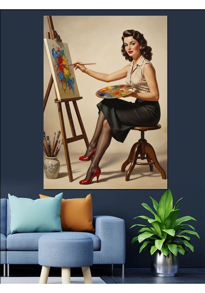 Ahşap Tablo Ressam Kadın Fırça Boya