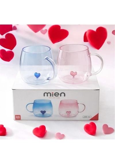Mien İkili Cam Kupa Seti 250 Ml Kalpli Tasarım Mavi & Pembe Şık Kupa Takımı Çok Renkli