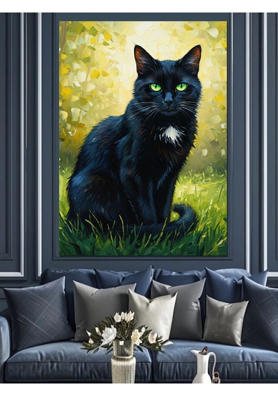 Karizma Tablo Siyah Kedi Yeşil Göz Dekoratif Kanvas - Mdf Ahşap Tablo